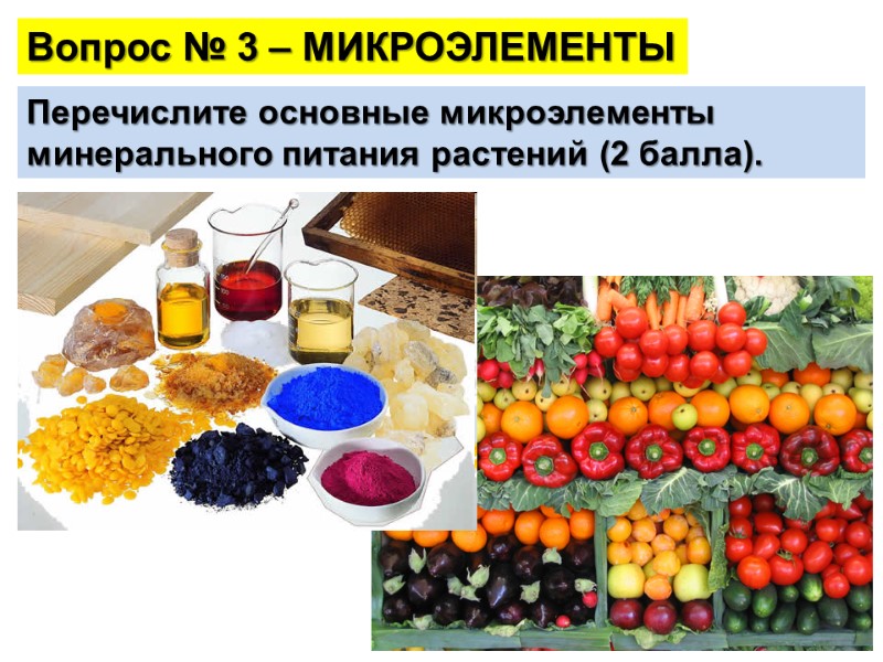 Вопрос № 3 – МИКРОЭЛЕМЕНТЫ Перечислите основные микроэлементы минерального питания растений (2 балла).